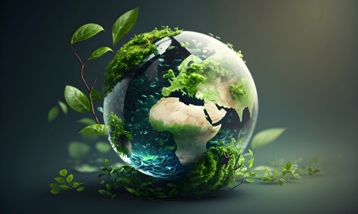 Green globe focus on Africa with plants growing around it.